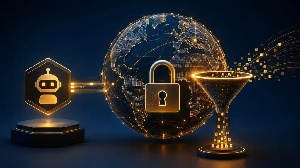 AI agent connected to a filtered web globe with a padlock, illustrating AWS Bedrock AgentCore Web Search domain and date filtering