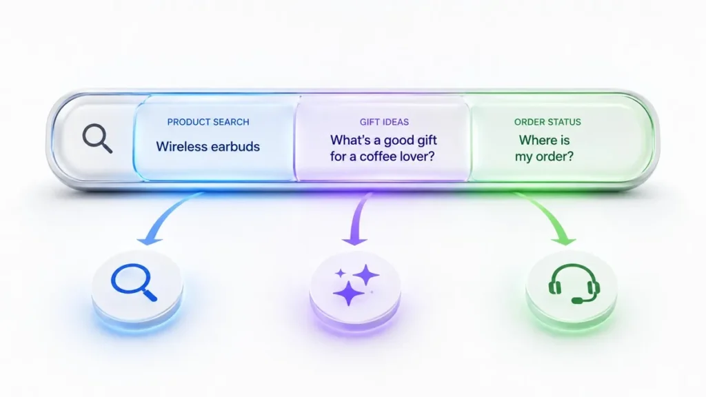Ecommerce search bar splitting shopper queries into keyword search, AI recommendations, and order support