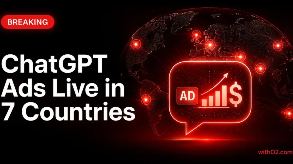 chatgpt ads live in 7 countries — glowing chat bubble with ad elements and globe illustration