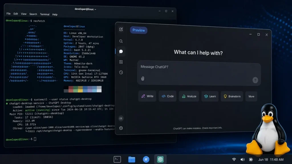 ChatGPT Is Now on Linux — With Codex and a Package Manager Hook ChatGPT desktop app on Linux terminal, Codex preview interface
