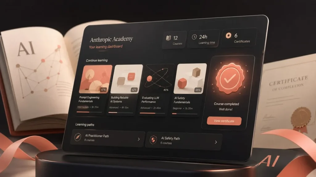 Anthropic’s Claude Academy Opens Free With 22 AI Courses and Completion Badges Claude Academy course dashboard with a completion badge and AI fluency course cards