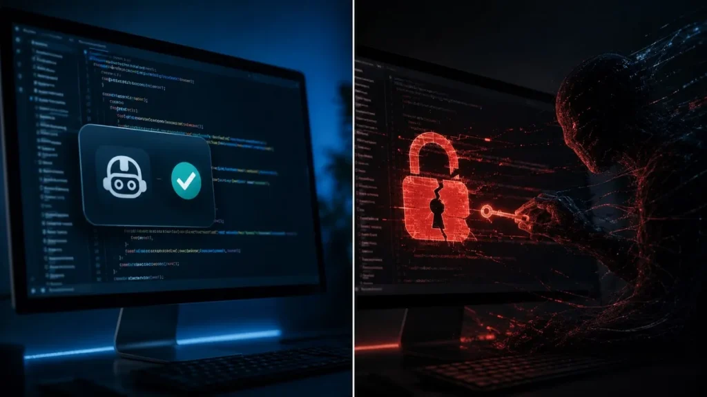GitHub Copilot Autofix code change next to a broken security lock representing the exploit