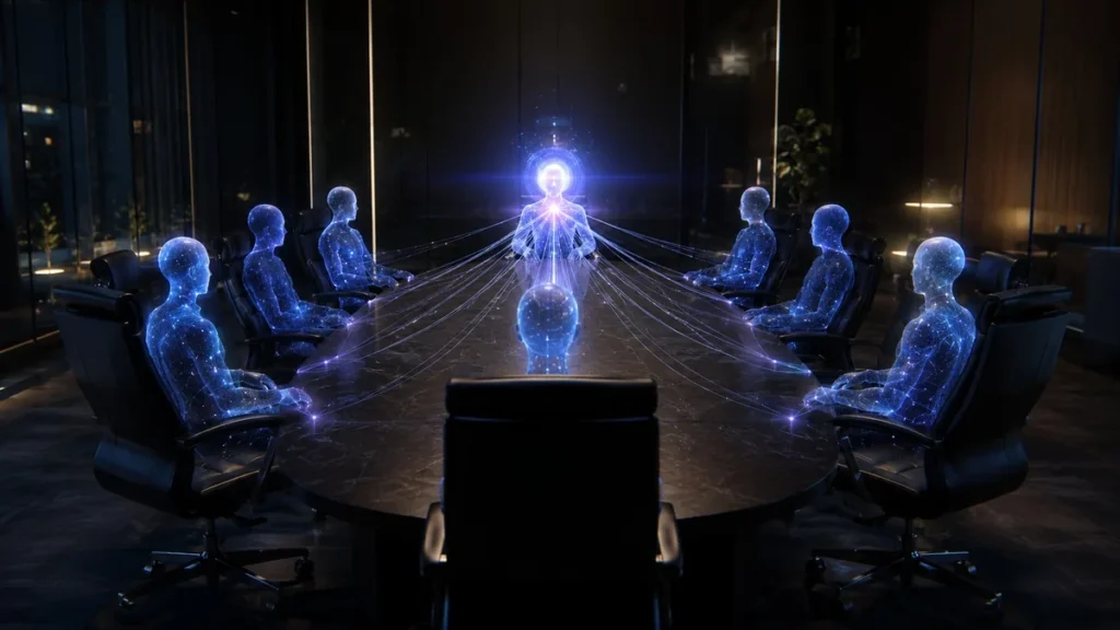 Eight holographic AI agents seated at a boardroom table with a central orchestrator node