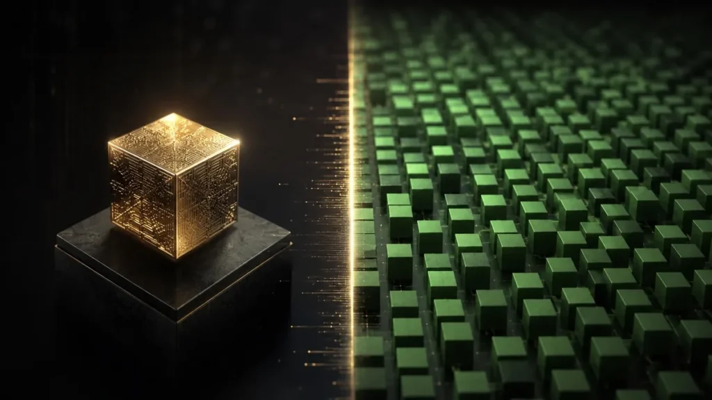 Fable 5 vs DeepSeek: Why Enterprises Are Switching AI Models Single premium AI model cube beside a grid of low-cost model cubes representing enterprise AI pricing choices