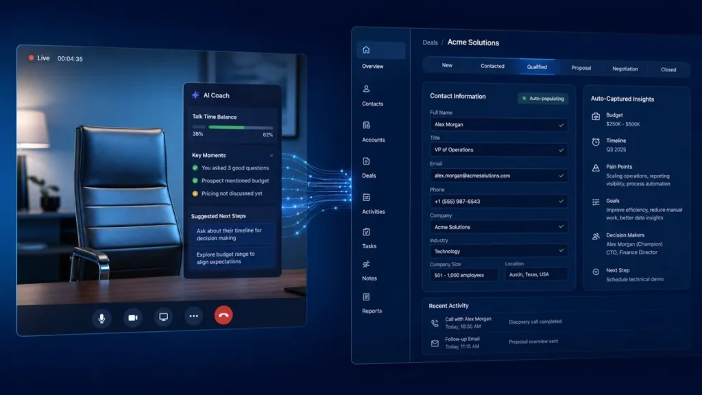 Fireflies AI Sales Suite Brings Enterprise Sales Intel to 20 Million Users AI sales call coaching overlay beside a CRM dashboard auto-filling deal fields