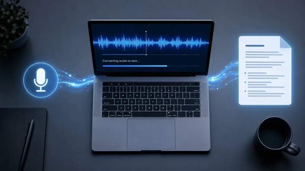 Gemini 3.5 Transcribe: Google’s New AI Turns Ramblings Into Formatted Text Laptop screen showing audio waveform converting to formatted text document with glowing blue digital pipeline