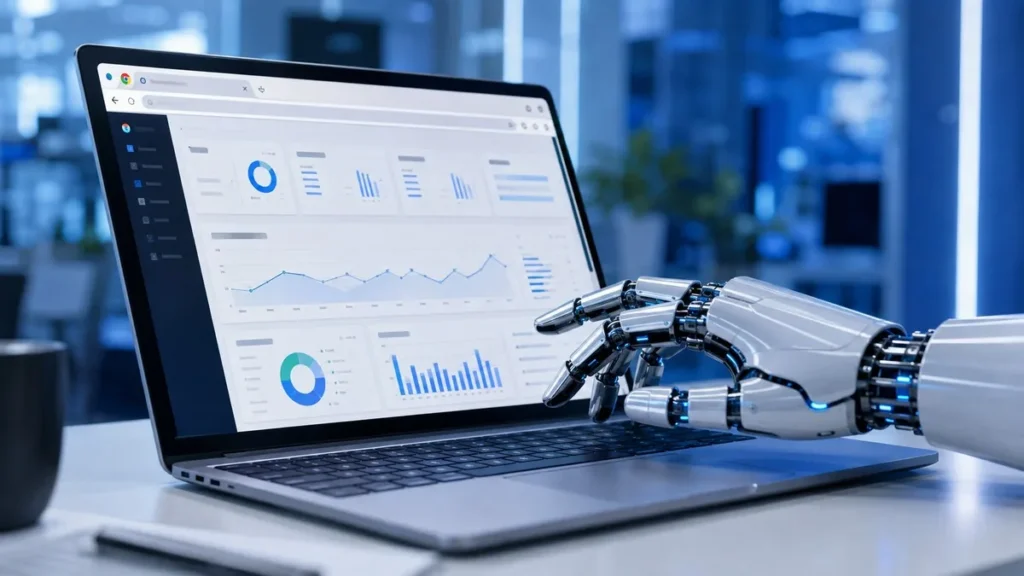 Gemini Spark Now Uses Your Real Chrome — Not a Remote One Gemini Spark AI agent controlling Chrome browser on a business laptop with enterprise dashboard