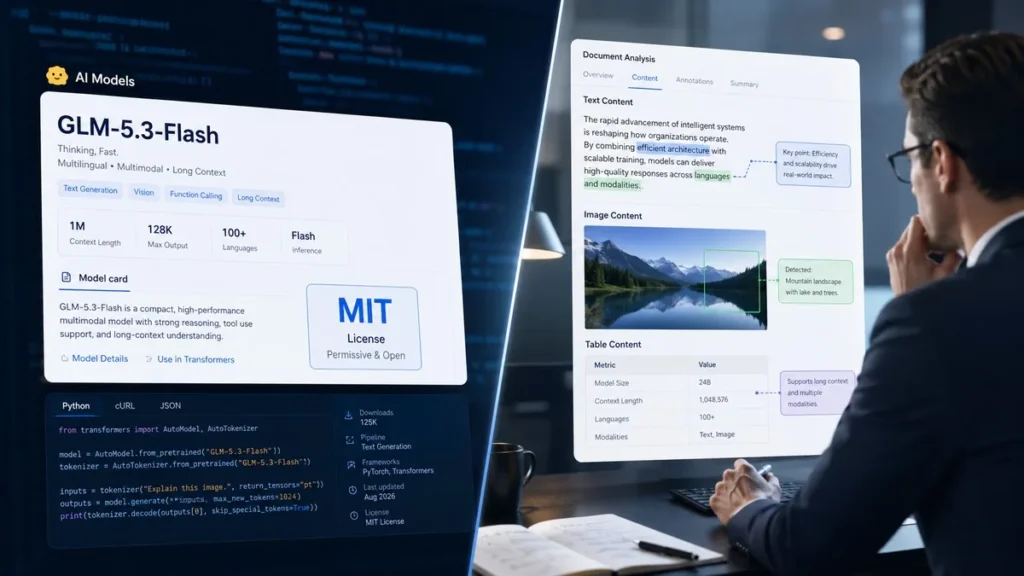 GLM-5.3-Flash open-source model card on Hugging Face alongside a business user reviewing AI-annotated documents
