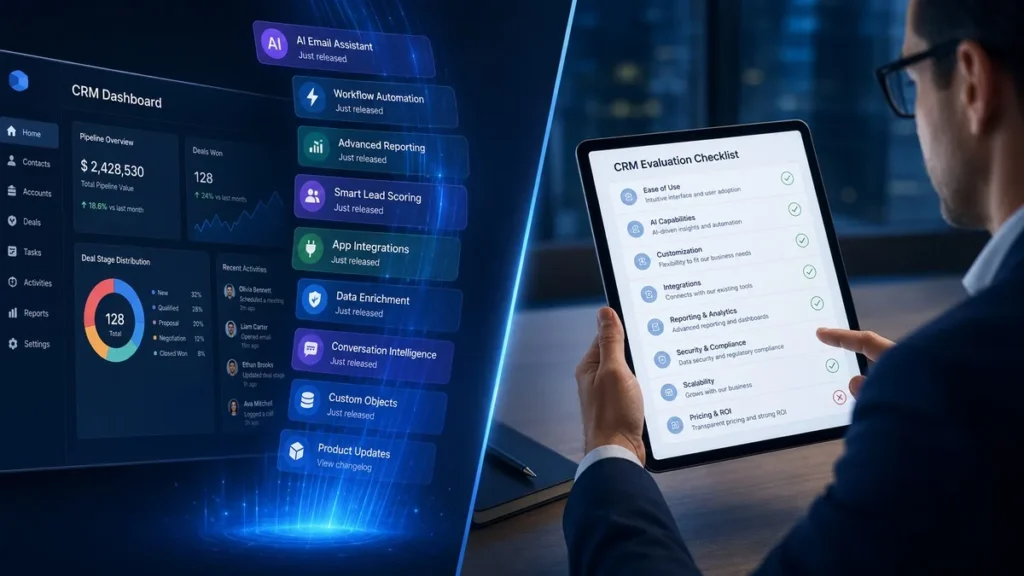 HighLevel Ships 23 CRM Updates a Week — AI Now Its Biggest Focus CRM dashboard streaming rapid AI feature updates beside a business buyer reviewing an evaluation checklist