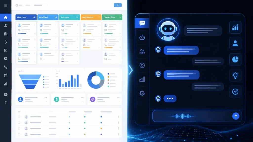 HubSpot Lost 12.7% After OpenAI Presence — Should You Still Buy It? CRM sales pipeline dashboard contrasted with an AI agent conversation interface in a split-screen