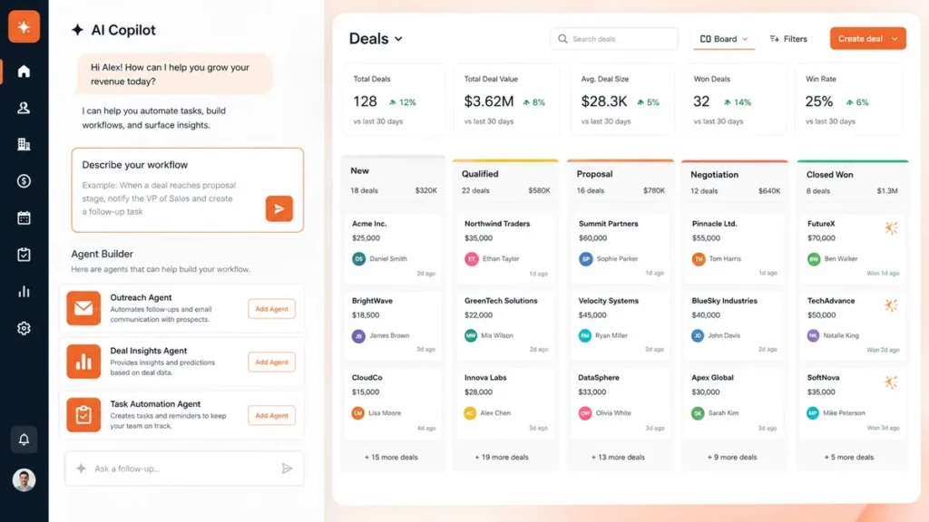 HubSpot Makes Its AI-First CRM Redesign Mandatory for All Users HubSpot Agent Builder interface showing a plain-English workflow input field and generated CRM agent cards alongside a deal pipeline view