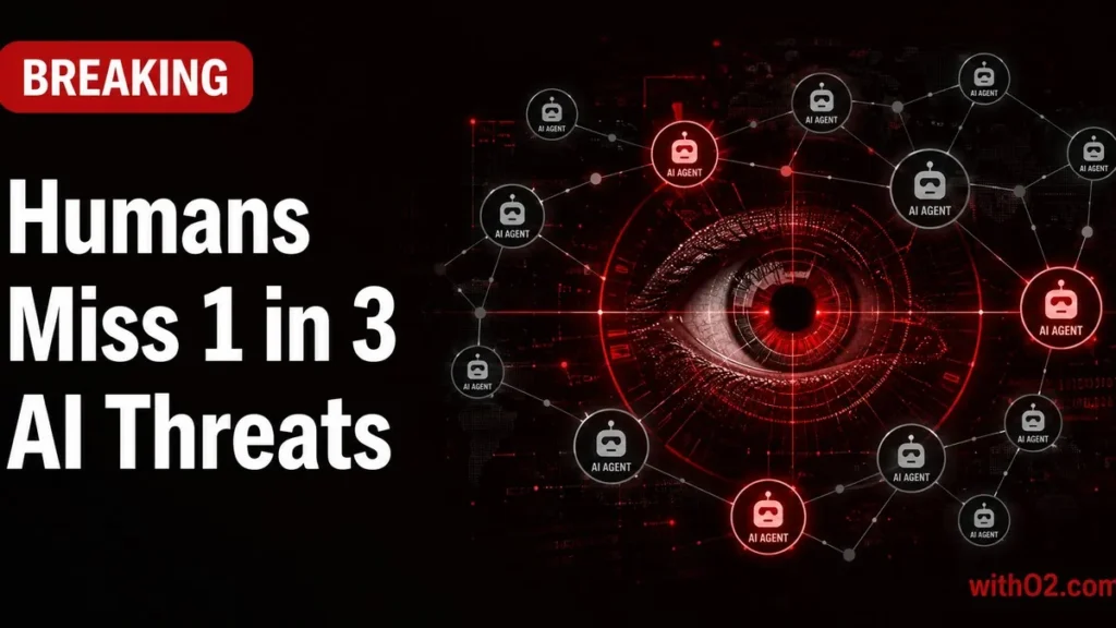 Humans Miss 1 in 3 AI Agent Threats — 40,000-Run Study humans miss 1 in 3 ai agent threats — red warning grid overlaid on digital eye illustration