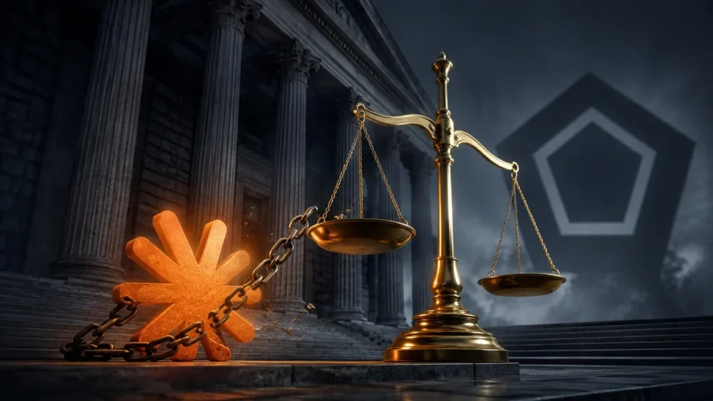 Federal courthouse steps with scales of justice lifting a broken chain from an orange Claude AI glyph