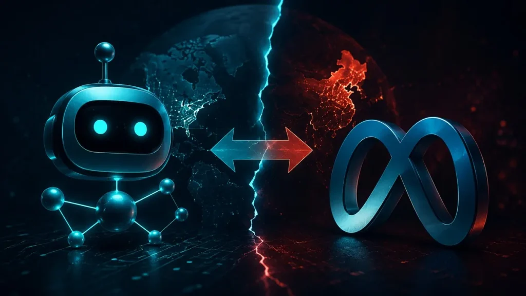 AI agent icon split from a corporate logo by a fracture line over a US-China globe