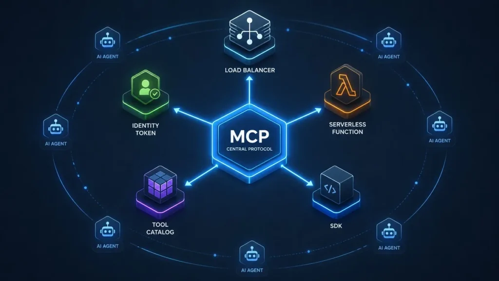 Model Context Protocol Roadmap Names 5 Priorities for AI Agents After Stateless Rewrite Model Context Protocol node connected to HTTP load balancer, identity token, and AI agent icons across five roadmap priority areas