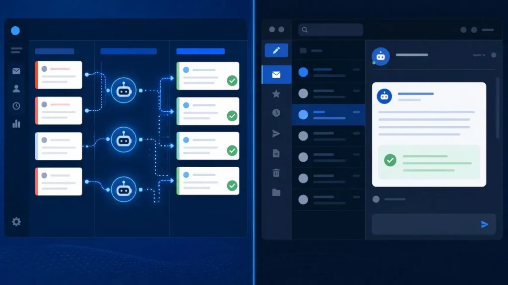 AI agent resolving CRM case queue beside a Copilot chat panel in an email inbox
