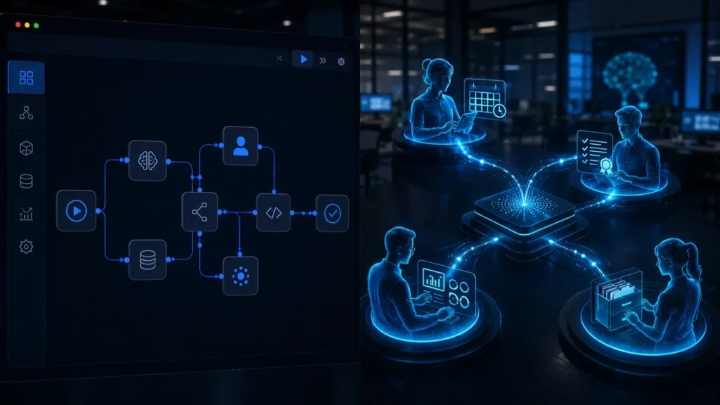 Microsoft Copilot Studio multi-agent workflow canvas with connected AI agents for orchestration August 2026