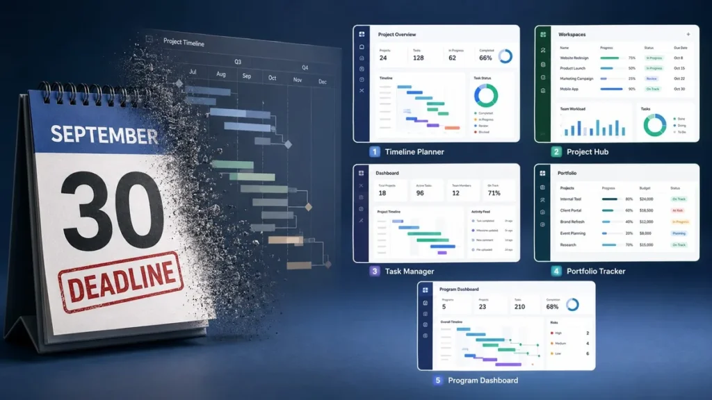 September 30 deadline calendar beside five project management dashboards replacing Microsoft Project Online