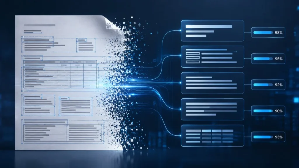 Mistral OCR 4.1: Document AI at 2,000 Pages/Min — $4 Per 1,000 Pages Mistral OCR 4.1 document AI extracting structured data blocks with confidence scores from a PDF document