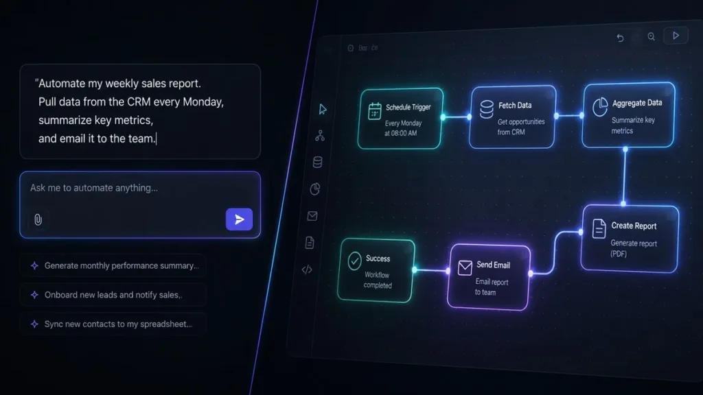 Chat prompt on the left building a glowing automation node graph on the right in a dark workflow editor