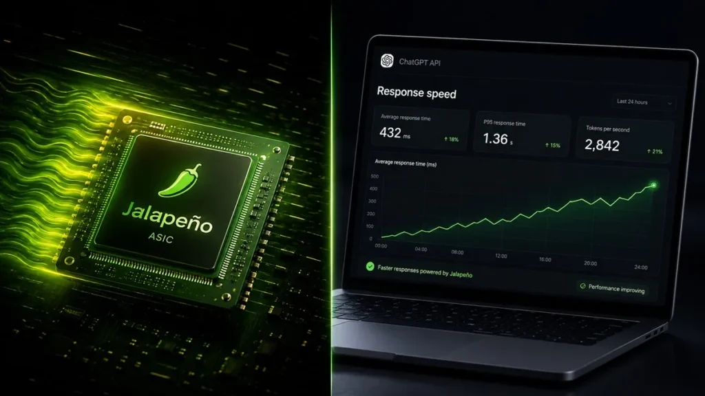 OpenAI Jalapeño ASIC chip next to a business laptop showing faster ChatGPT API metrics