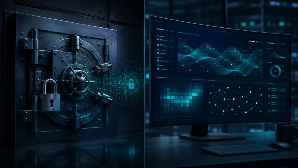OpenAI Now Lets Enterprises Keep AI Data Private — With Safety Still On OpenAI enterprise data vault with AI safety monitoring dashboard, dark blue teal