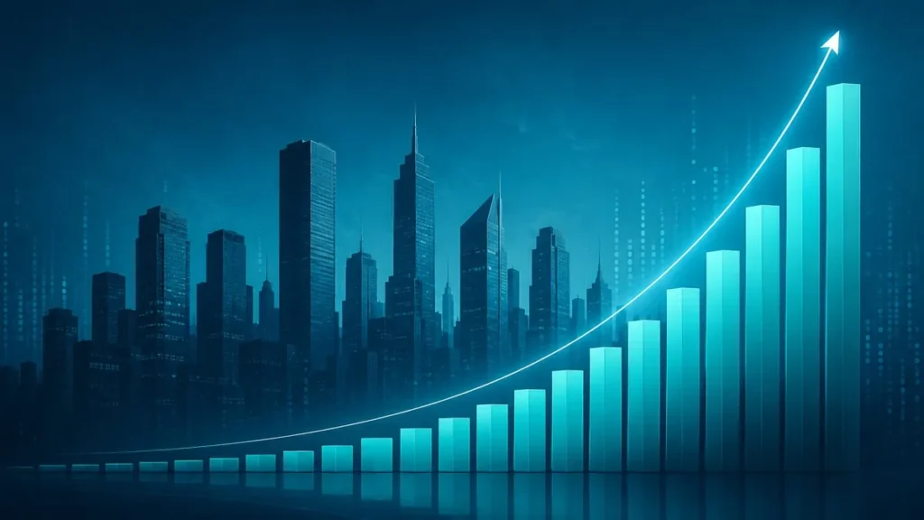 ChatGPT enterprise usage growth chart rising over corporate skyline