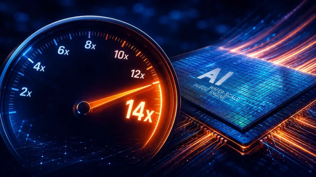 OpenAI Ultrafast tier speedometer at 14x over a Cerebras wafer-scale chip streaming light trails