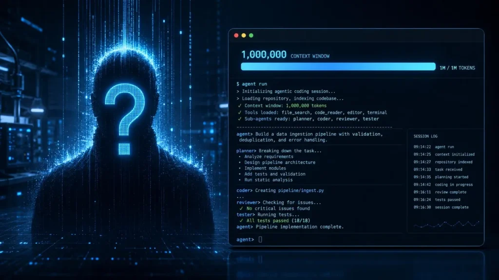 Ox Alpha: Free 1M-Context AI Agent, No One Knows Who Built It Anonymous silhouette beside a terminal showing an AI coding agent with a 1M-token context indicator
