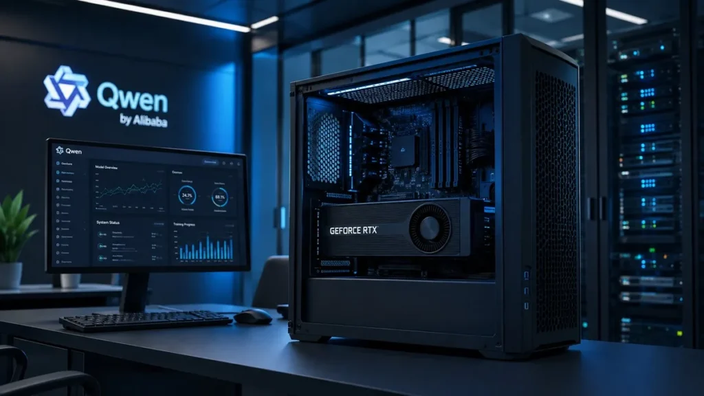 Qwen3.8-27B local AI agent running on a single GPU in a corporate office server room