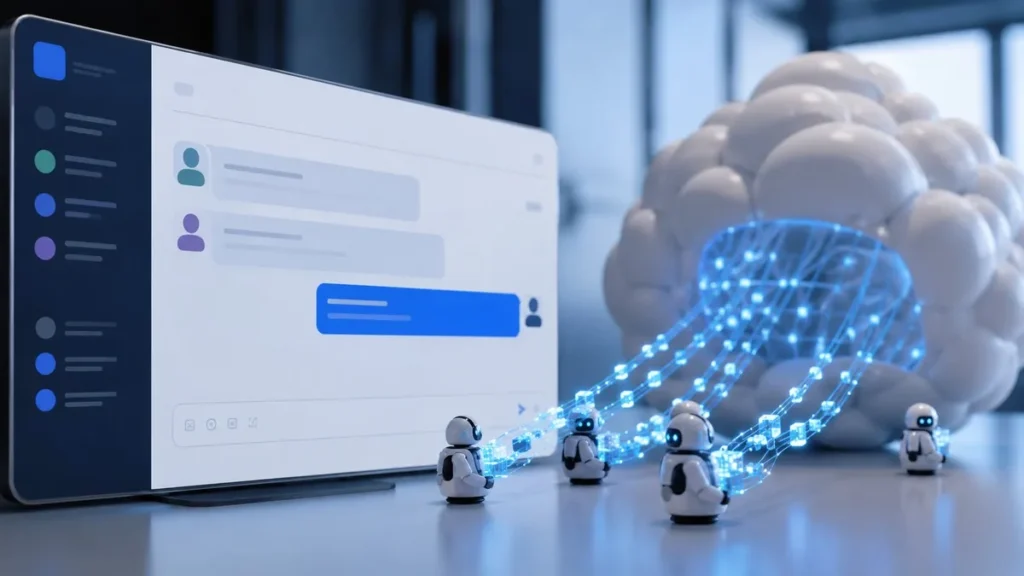 AI agents in a Slack-style chat interface pulling CRM data from a cloud system