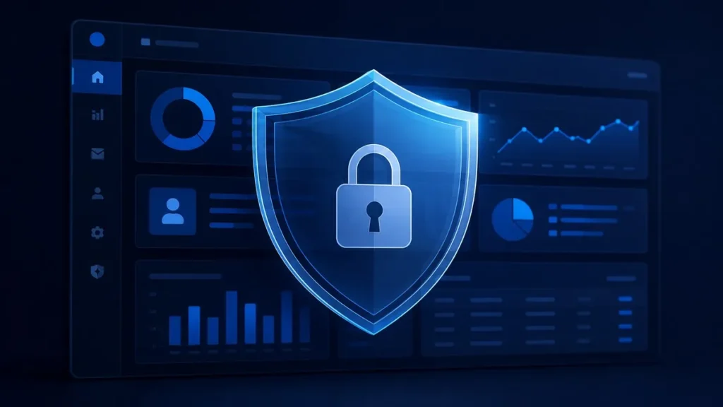 Translucent blue shield icon over a business software dashboard on dark navy background