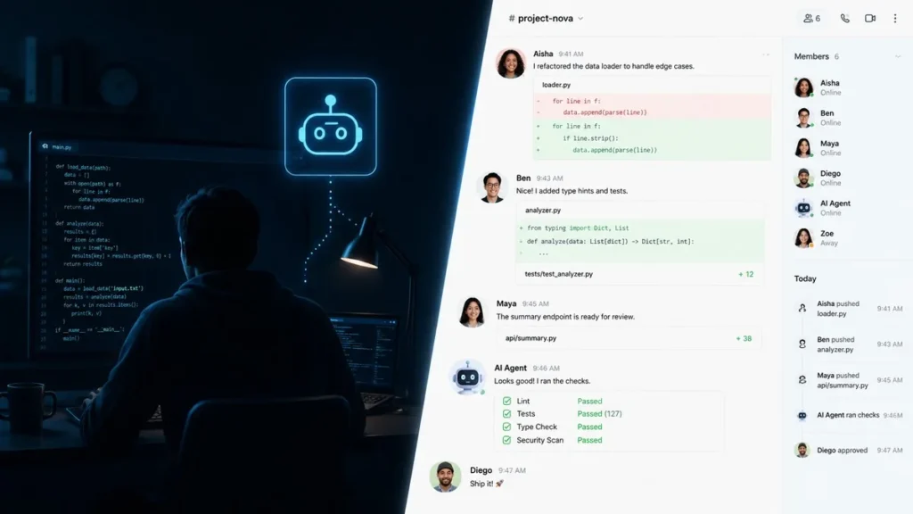Slack Code Turns AI Coding Agents Into a Team Sport Developer alone at a terminal beside a team chat channel where AI coding agents and teammates review code diffs