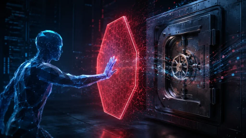 Geometric AI agent blocked by a red security barrier while reaching for an enterprise data vault