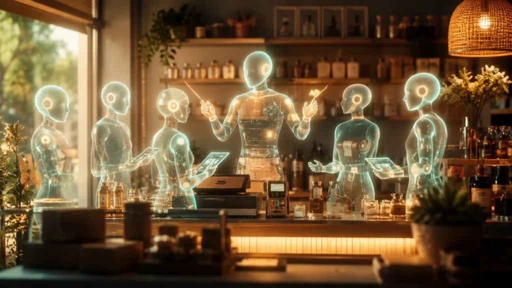 Holographic AI agents in a stand-up circle around a conductor figure at a small retail counter