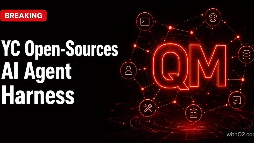 YC open-sources QM AI agent harness — glowing QM wordmark on dark editorial background