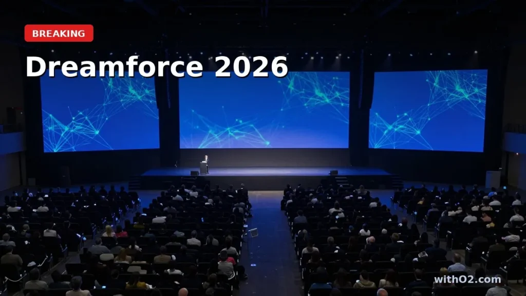 Dreamforce 2026: What CRM Buyers Should Watch as Agentforce Goes on Trial Convention center keynote hall with blue stage screens showing AI agent network graphics