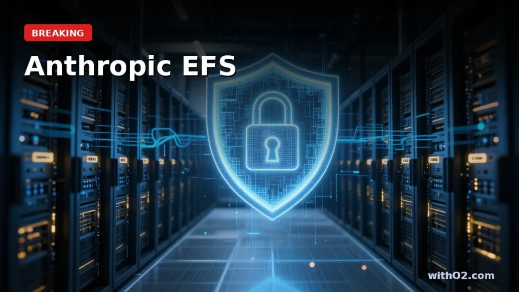Anthropic EFS: Enterprise Claude With Zero-Data-Retention Safety Glowing digital shield above server racks in a dark corporate data center representing enterprise AI data security