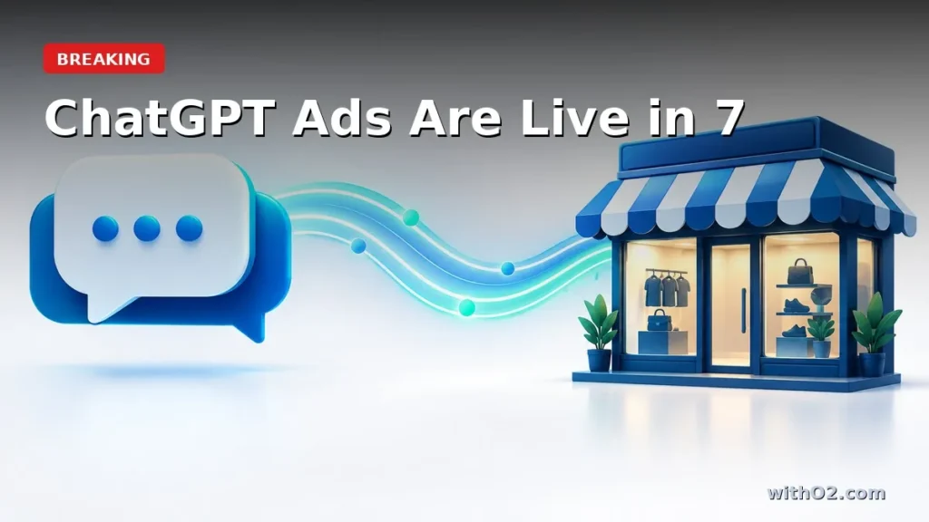 ChatGPT Ads Are Live in 40 Countries — Should You Buy Them? AI conversation thread connecting a chat interface to a retail brand storefront, representing ChatGPT Sponsored Agents