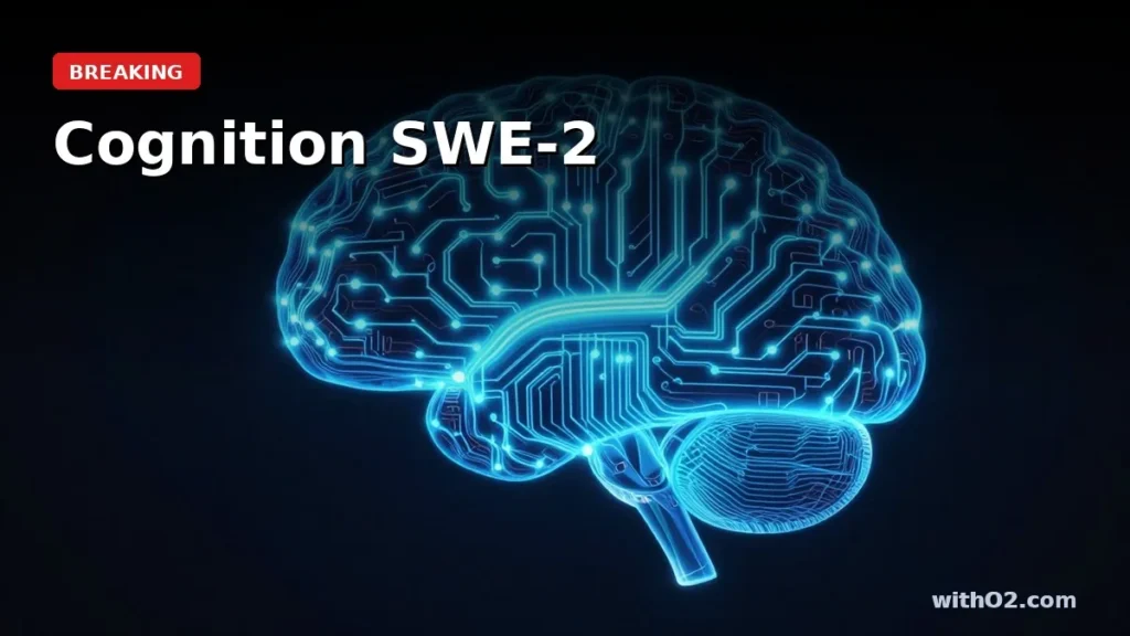 Cognition SWE-2 coding agent benchmarks showing 64% lower cost than rivals with circuit-neural illustration