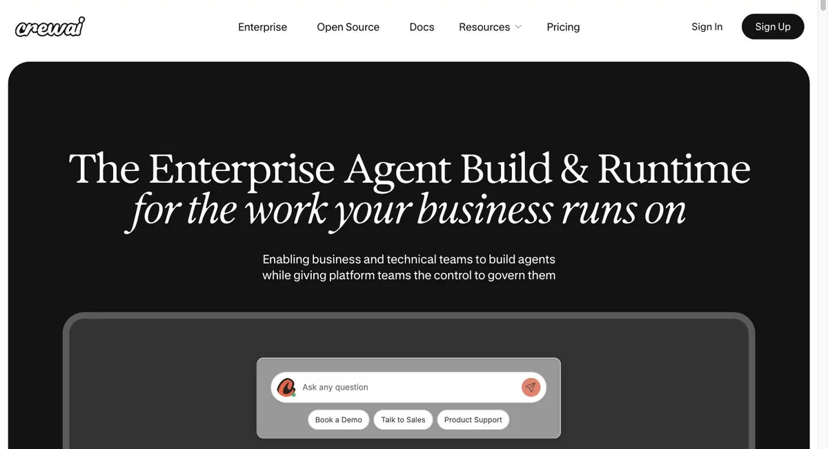 CrewAI homepage — enterprise agent build and runtime platform