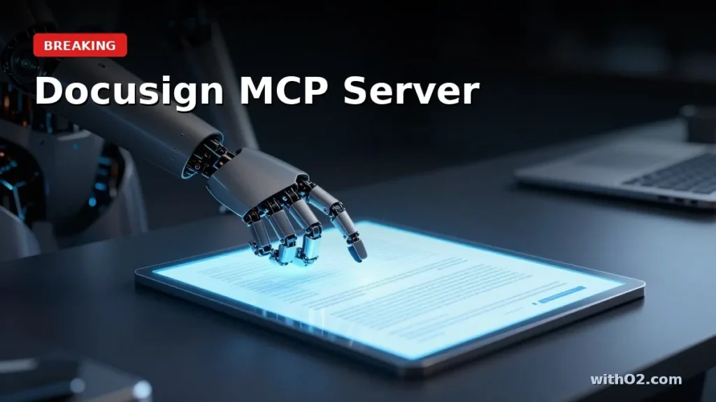 Docusign MCP Server: AI Agents Can Now Execute Contracts AI agent arm reaching toward a glowing digital contract document on a dark desk surface