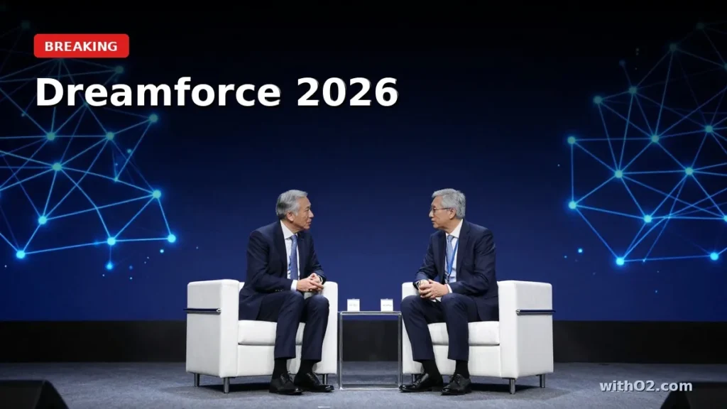Marc Benioff and Jensen Huang presenting Koa CRM reasoning model partnership at Dreamforce 2026 keynote