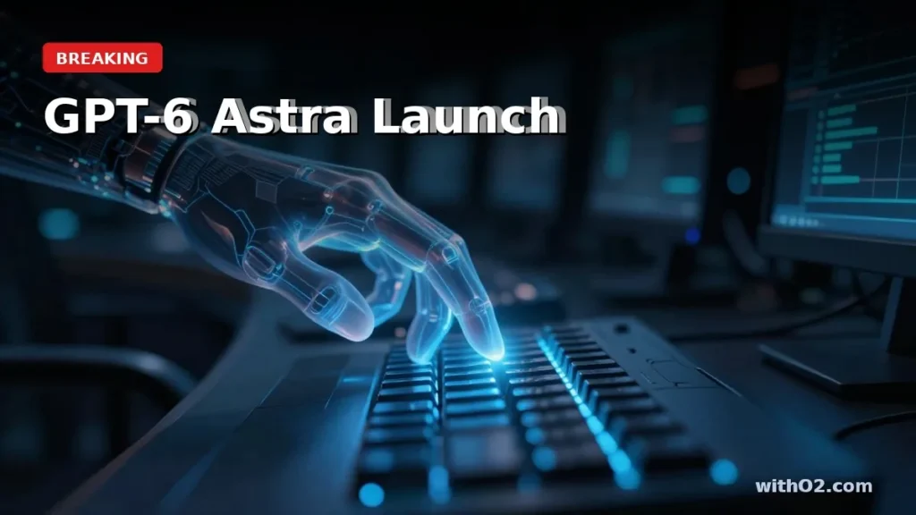 GPT-6 Astra Launch: OpenAI’s Computer-Use AI, Pricing and Who Gets It Translucent glowing AI hand pressing keyboard keys in a dark command-center environment, representing GPT-6 Astra autonomous computer use