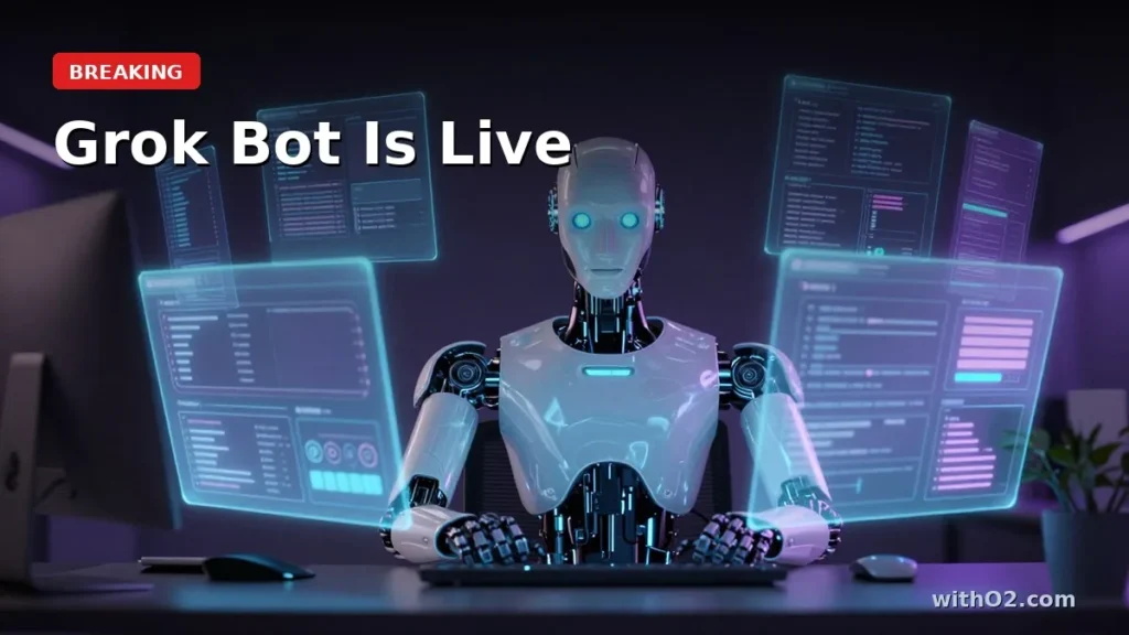 Grok Bot Is Live: xAI’s Always-On AI Agent for Business Tasks Grok Bot AI agent working autonomously at a business workstation with app windows open