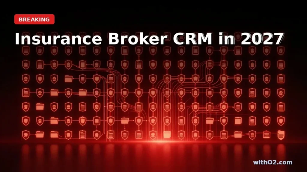 Insurance Broker CRM in 2027: What AI Must Do for Benefits Teams Abstract AI data visualization showing insurance policy shields organizing automatically in glowing CRM grid