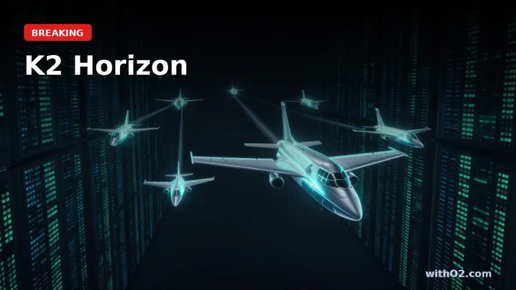 K2 Horizon: 6 Open-Source AI Models Built for Agents, Apache 2.0 Six glowing aircraft in formation over a dark data center landscape, representing the K2 Horizon fleet of six AI models at different scales