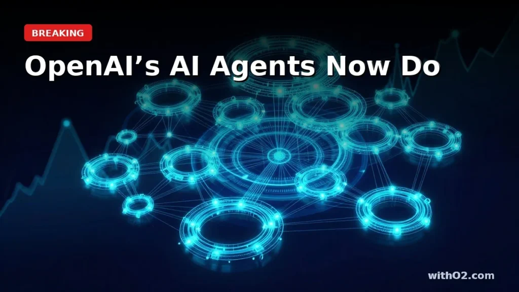 Glowing AI agent network nodes with rising productivity graph representing OpenAI research automation milestone