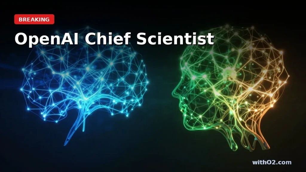 OpenAI Chief Scientist: AI Is Racing Toward Self-Improvement neural network transitioning from structured blue to organic green, representing emergent AI self-improvement