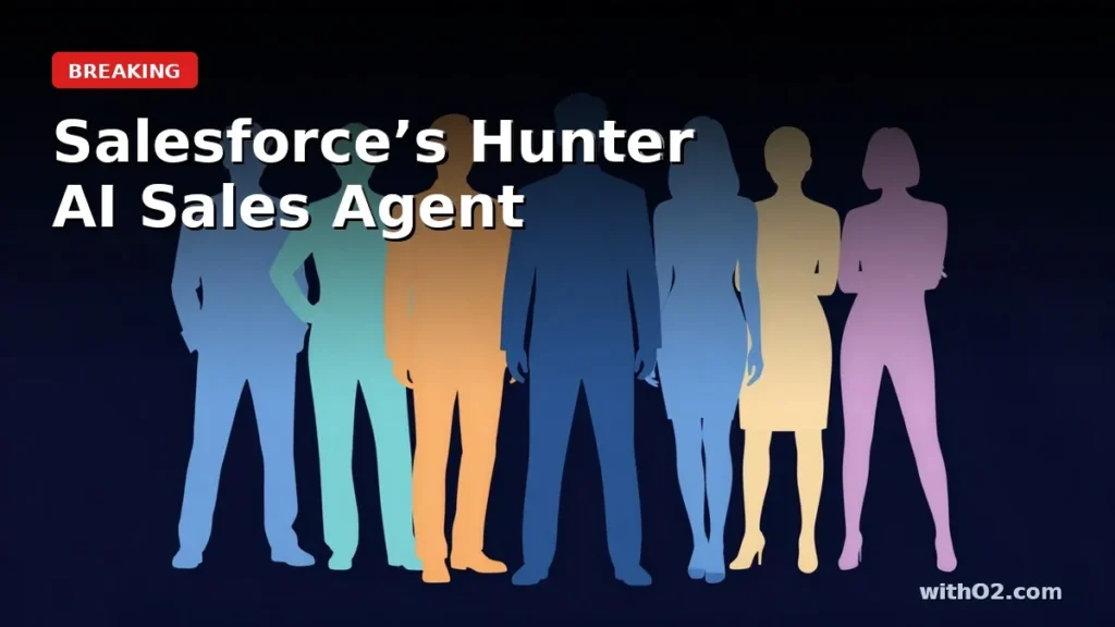 Salesforce’s Hunter AI Sales Agent Works Your Pipeline for Weeks Seven glowing AI agent silhouettes in a team formation representing Salesforce Agentforce named business agents